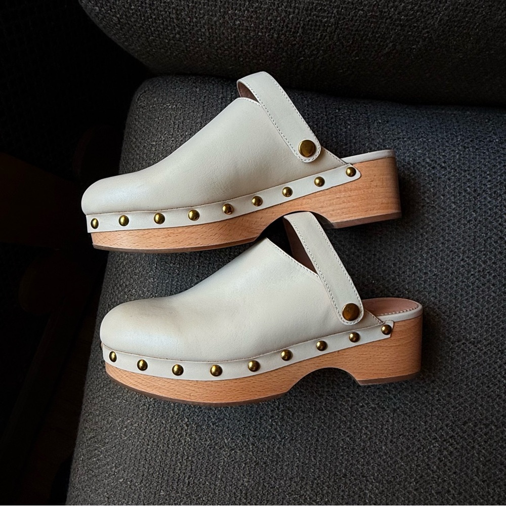 J. Crew White Leather Clogs with Gold Studs